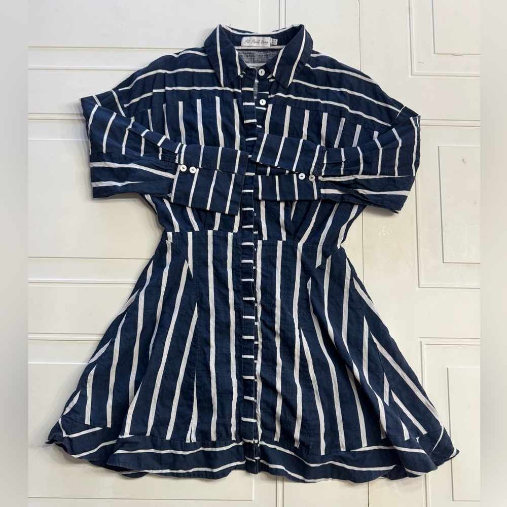 All About May Womens Sz 4 Blue White Striped Button Up Long Sleeve Collar Dress